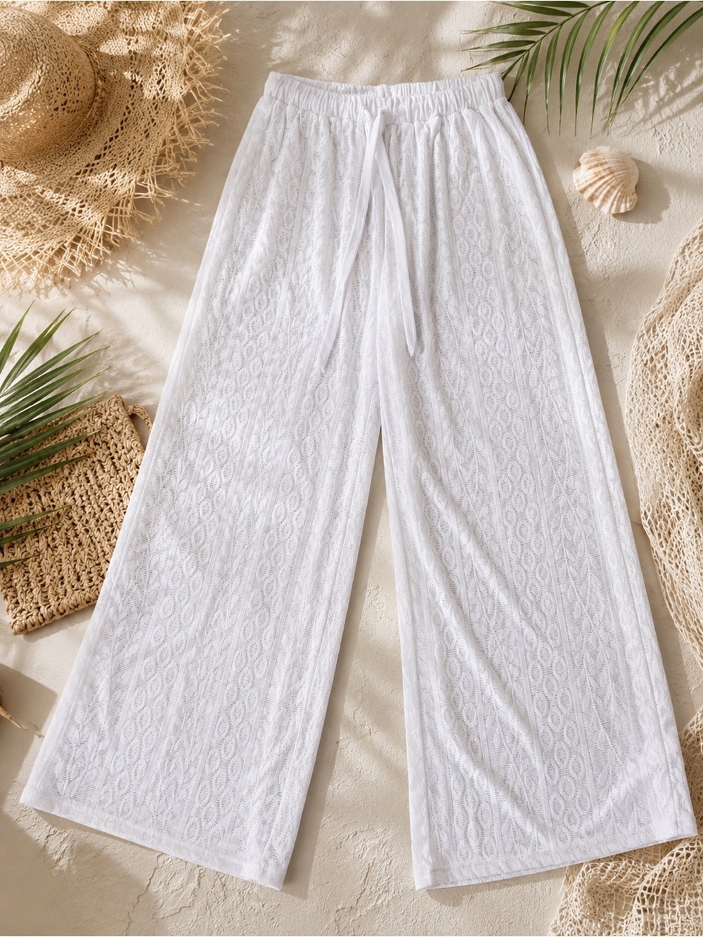 Trina Turk White Sheer Wide Leg Resort Cover-Up Pants Coastal Luxe Beach Chic M